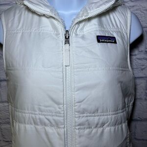 Patagonia Womens S White Los Gatos Reversible Hooded Fleece Vest Sherpa Puffer